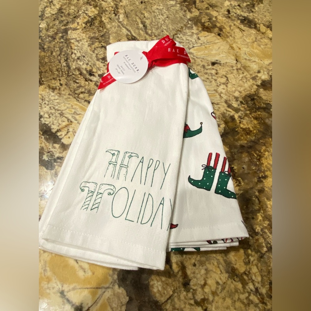 Rae Dunn Kitchen dish towel set of of 2 - Happy Holidays ELF Feet - brand new!
